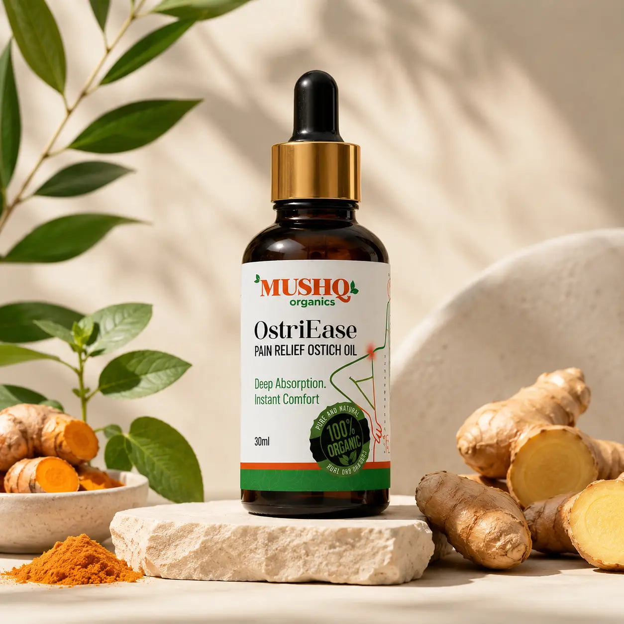 OstriEase Herbal Pain Relief Oil – 30ml | Natural Joint & Muscle Relief by MUSHQ Organics