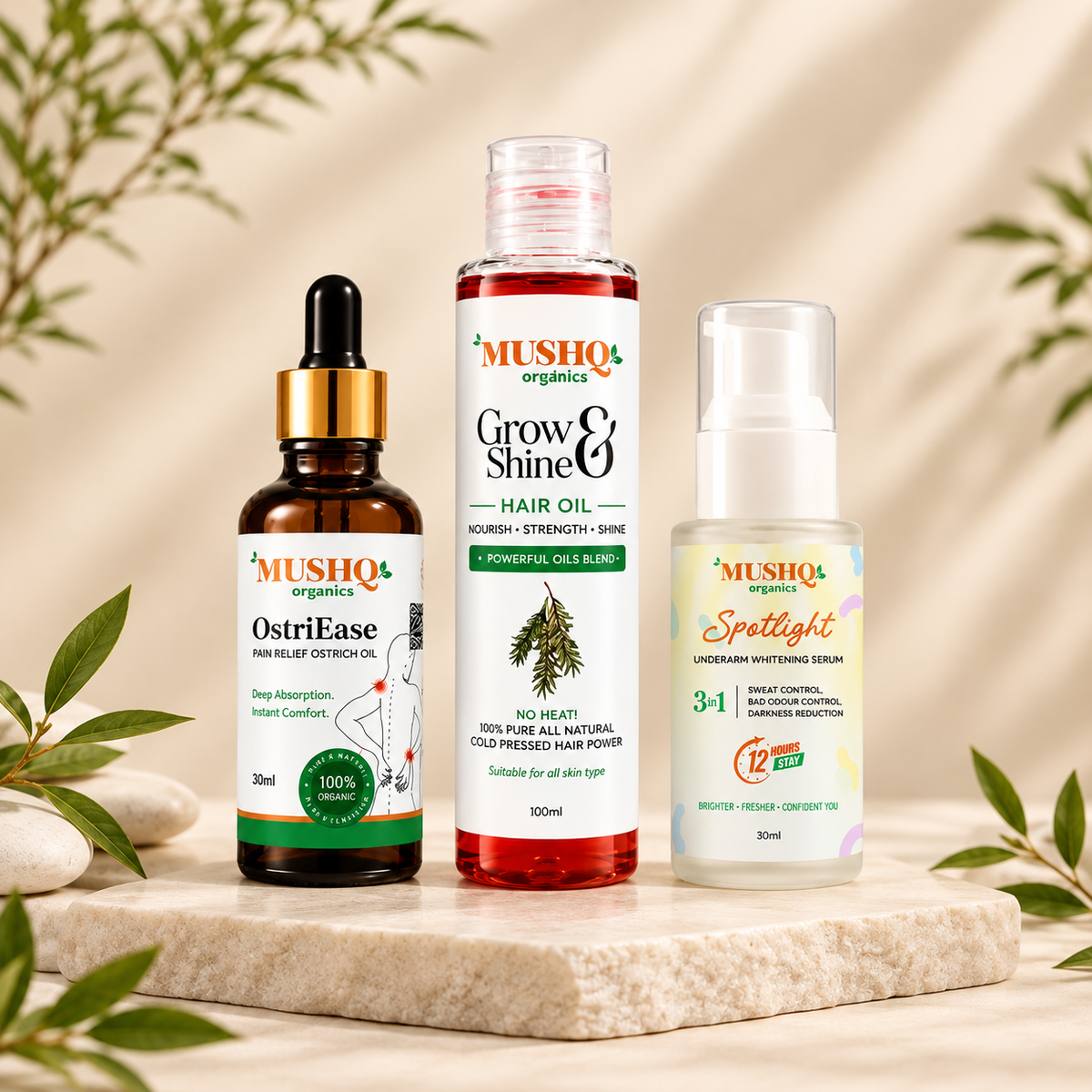 MUSHQ Organics Complete Care Trio – Hair Oil, Spotlight Serum & OstriEase Pain Relief Oil